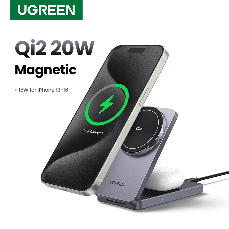 

UGREEN Qi2 20 Вт 2-в-1 Магнитная подставка для беспроводной зарядки Зарядное устройство для iPhone 16 Pro Max/AirPods 4 Подставка для быстрого зарядного устройства MagSafe