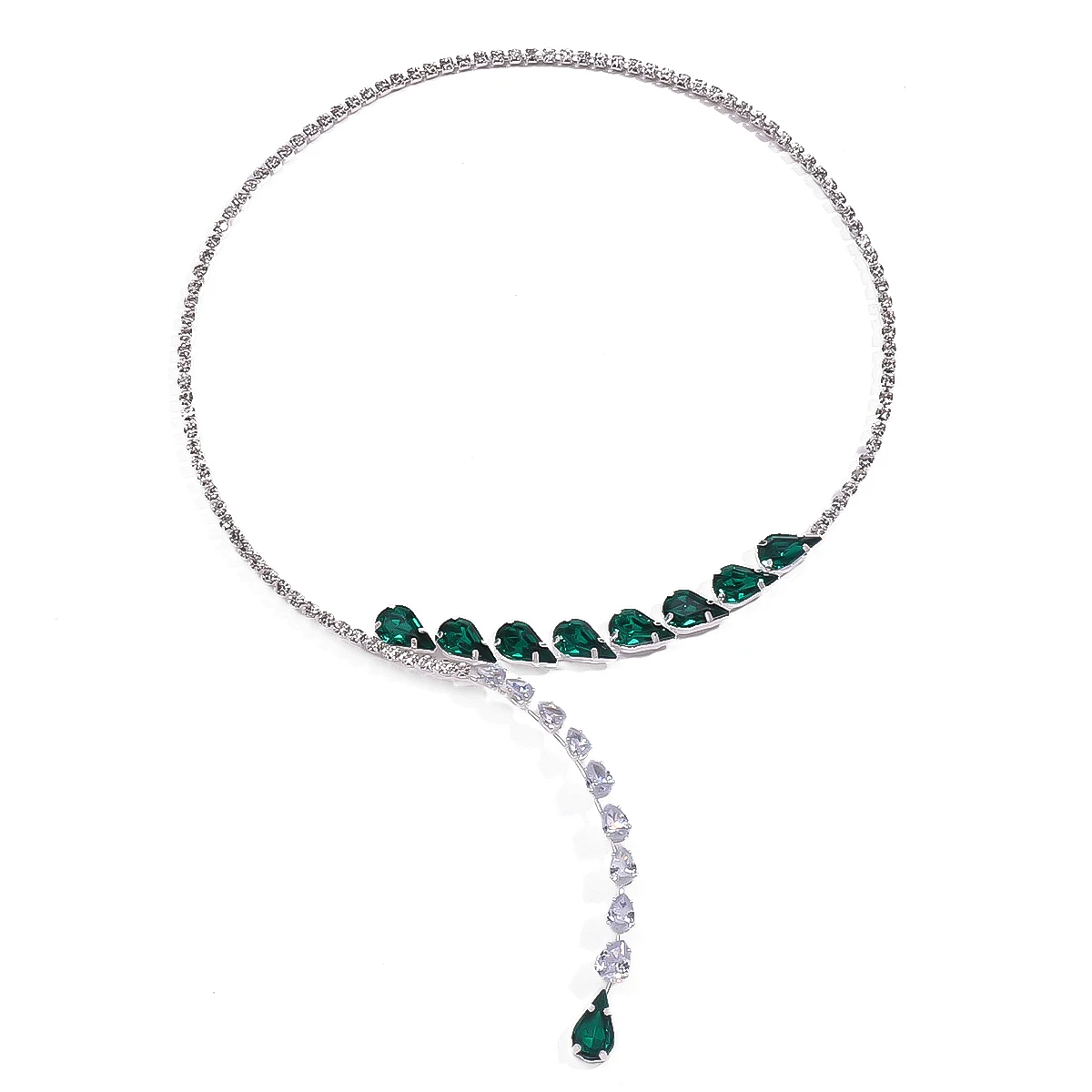 XSBODY Luxury Green Teardrop Crystal Clavicle Chain Necklace Fashion Geometric Rhinestone Necklace Jewelry Banquet for Women