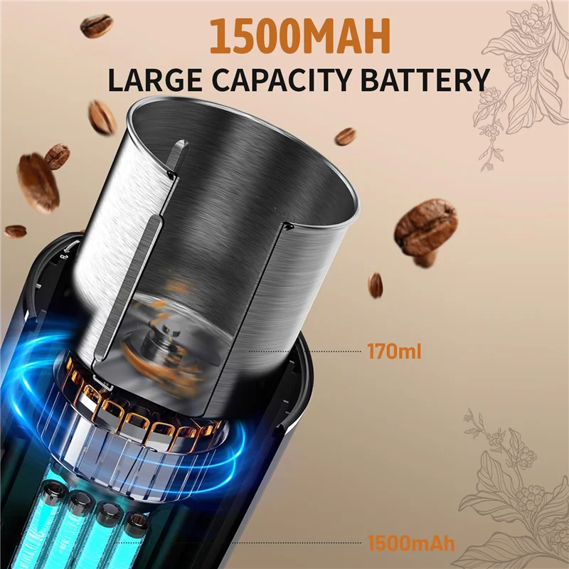 A74G-핸즈프리 블레이드 커피 그라인더, 무선 커피 밀, 탈착식 그릇이 있는 충전식 배터리, 캠핑, 여행 등에 적합합니다.