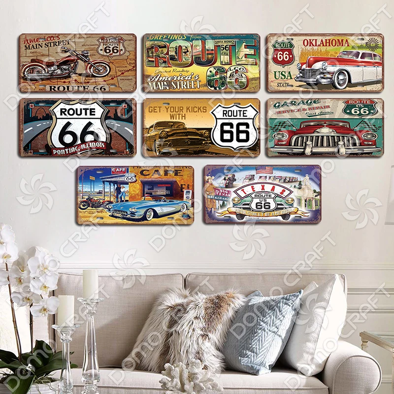 Route 66 License Plate Metal Tin Signs Vintage Motorcycle Car Metal Poster Wall Decor for Garage Bar Pub Moto Club