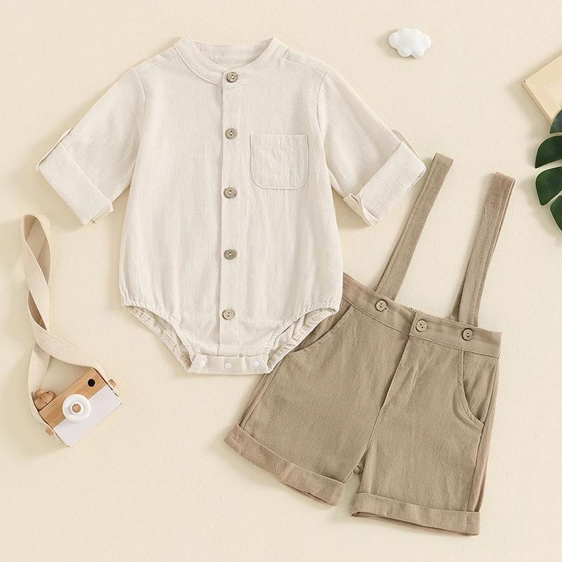 Conjunto de Shorts Suspender e Bodysuits de Algodão Linho para bebês, Roupas de Bolso de Botão Sólido, Meninos, 0-24M