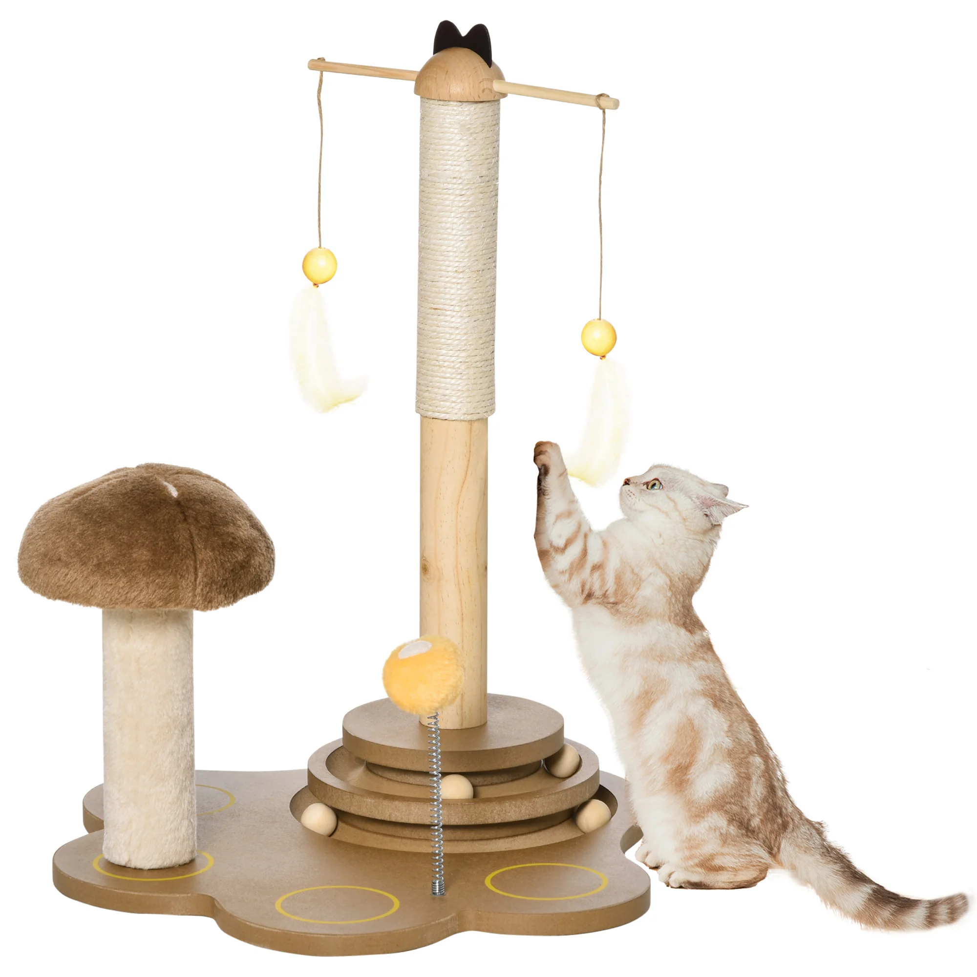 PawHut Sisal cat scratcher with mushroom set with dock and wooden Base