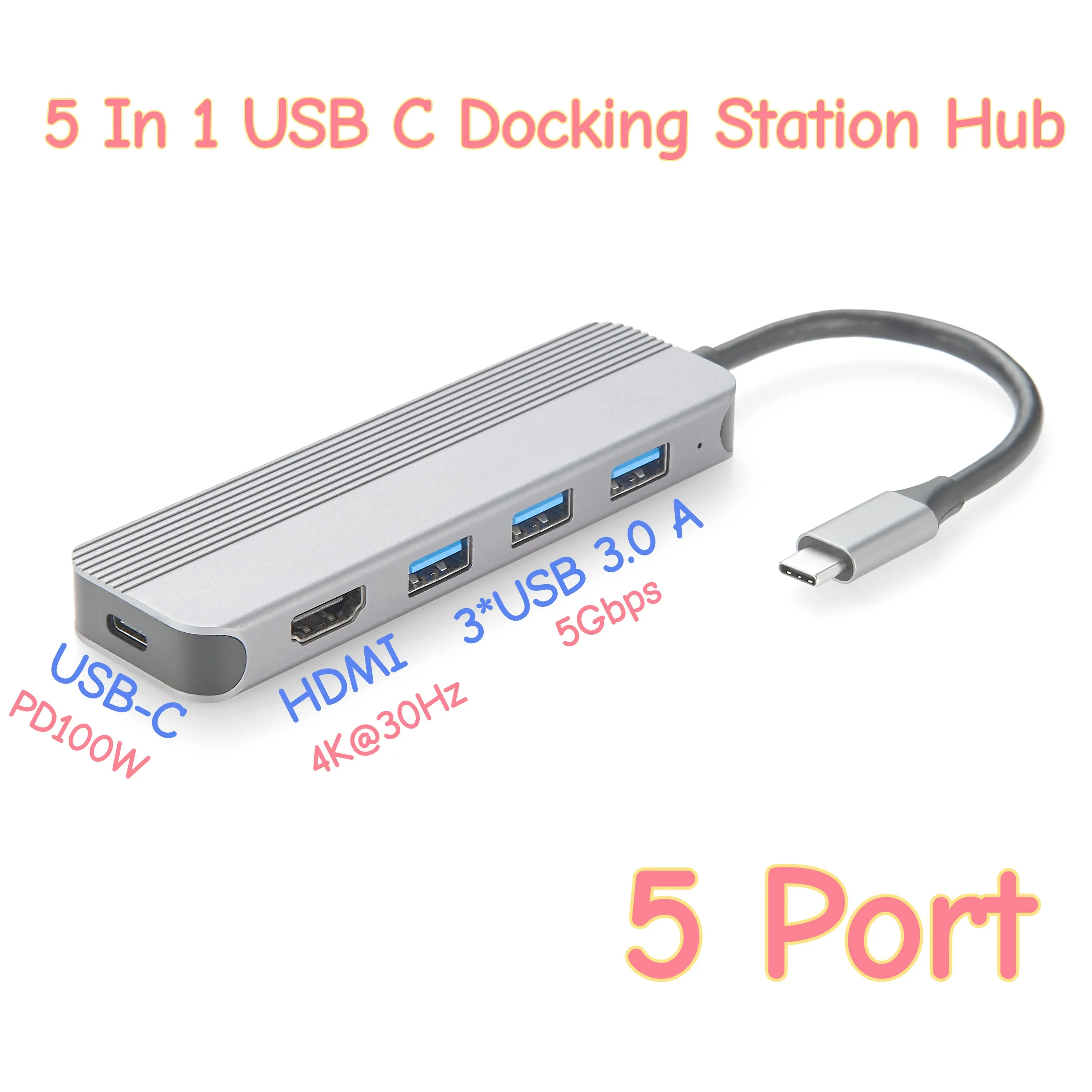 5 In 1 USB-C Mini Docking Station Hub, USB Type-C MultiPort Adapter Converter with 4K2K@30Hz HD, 60W PD Charger, USB3.0 5Gbps