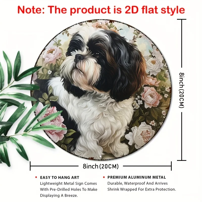 2D Flat 1pc Round Aluminum Metal Sign - Funny Flower Tzu Dog Decor with Vibrant Floral Background, Ideal for Home, Office, or Ca