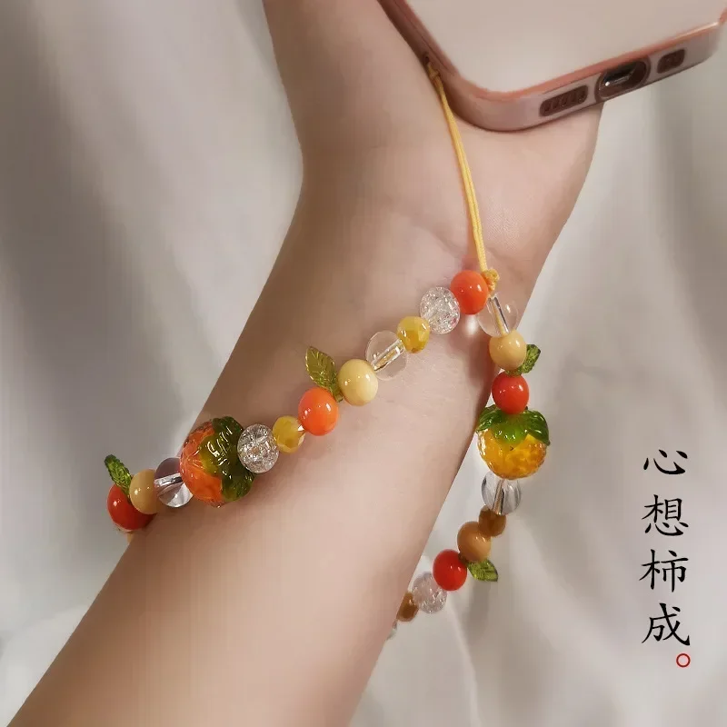 Short Style Wrist Lanyard for Mobile Phone, Persimmon Ruyi Bracelet Pendant, Women's High-end Fashion Trend