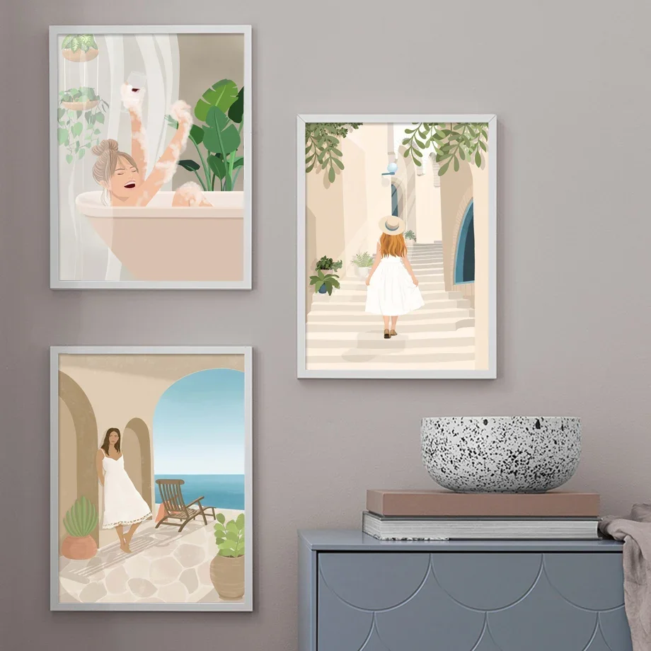 Frameless Canvas PaintingSeaside Resort Beach Sea Girl Read Rest Nordic Vintage Poster Wall Art Print Canvas Painting Wall Pictu