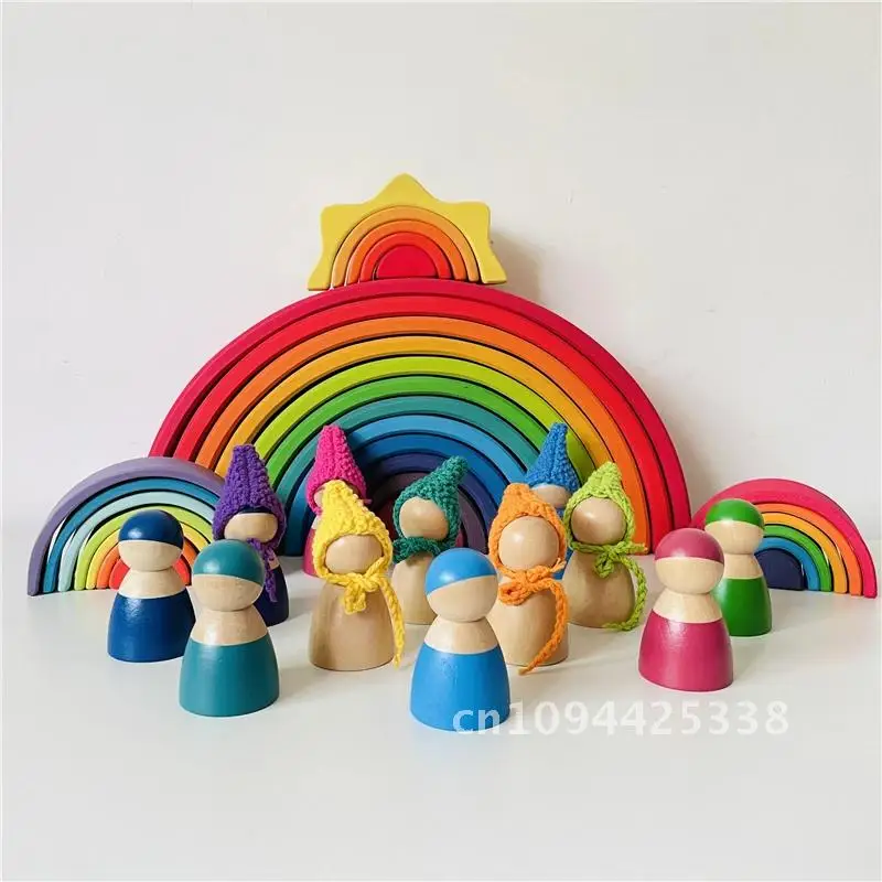 ไม้ขนาดใหญ่ Rainbow Stacker บล็อก Nordic ของเล่นชิ้นส่วนหลวมเล่นไม้บล็อกเด็ก Peg ตุ๊กตาของเล่นเพื่อการศึกษาเด็ก