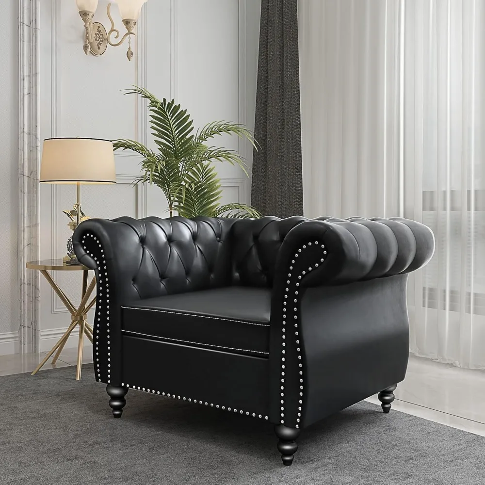 Leather Upholstered Armchair, Single Sofa Chair with Rolled Arms and Nailhead, Mid-Century Modern Tufted PU Chesterfield Chair