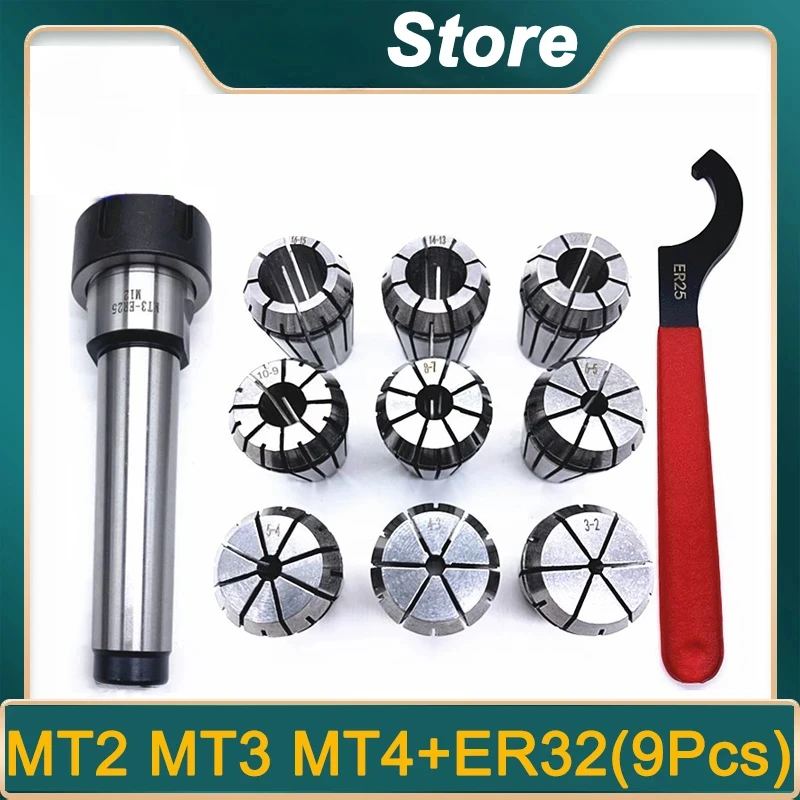 

ER32 9pcs Set Spring Collet Chuck Set Milling MT Chuck MT2 MT3 MT4 ER32 For CNC Engraving Machine Milling Lathe Tool Holder