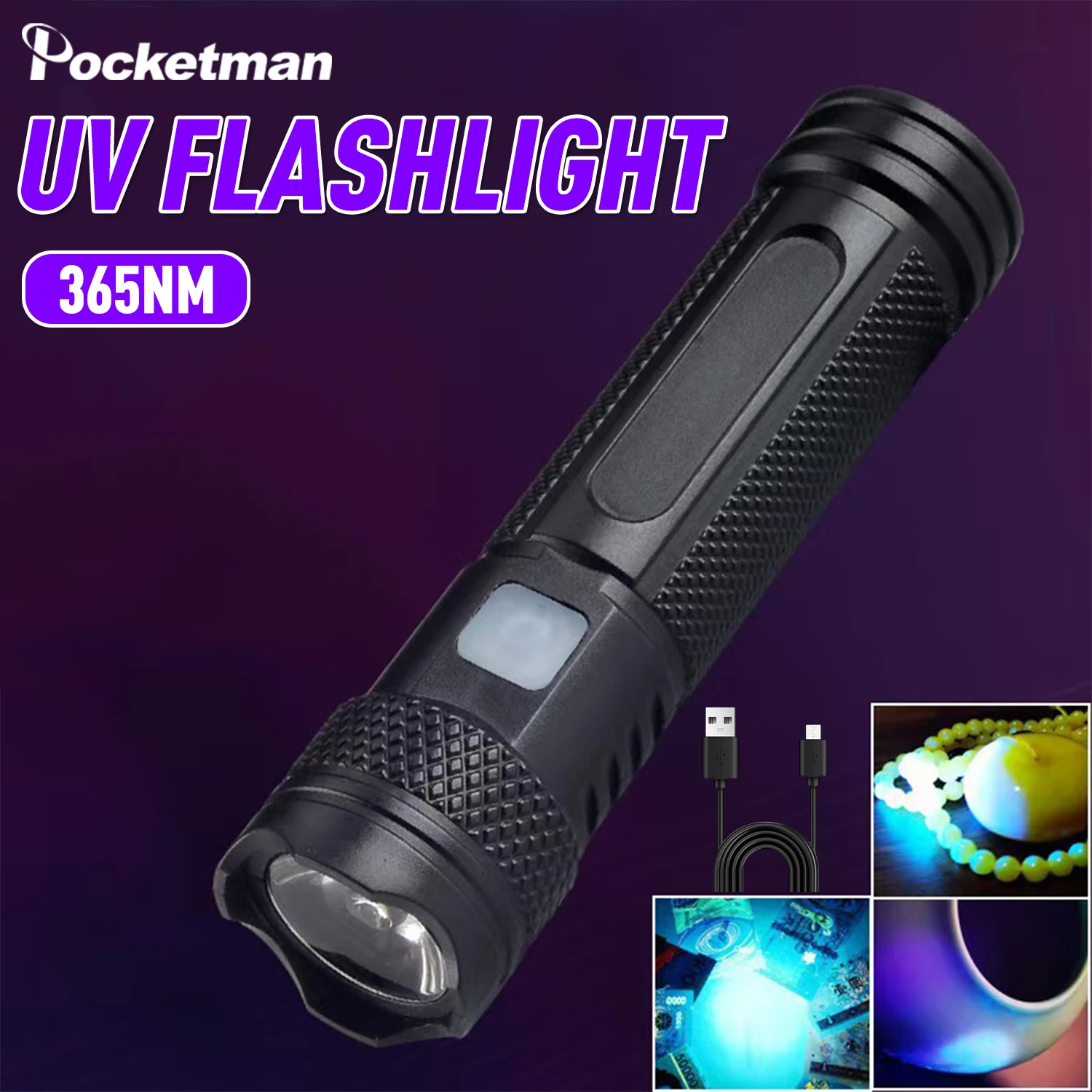 Portable UV Flashlight USB Rechargeable Black Light Flashlight 365nm Mini UV Flashlight for Curing Resin Pet Urine Stains
