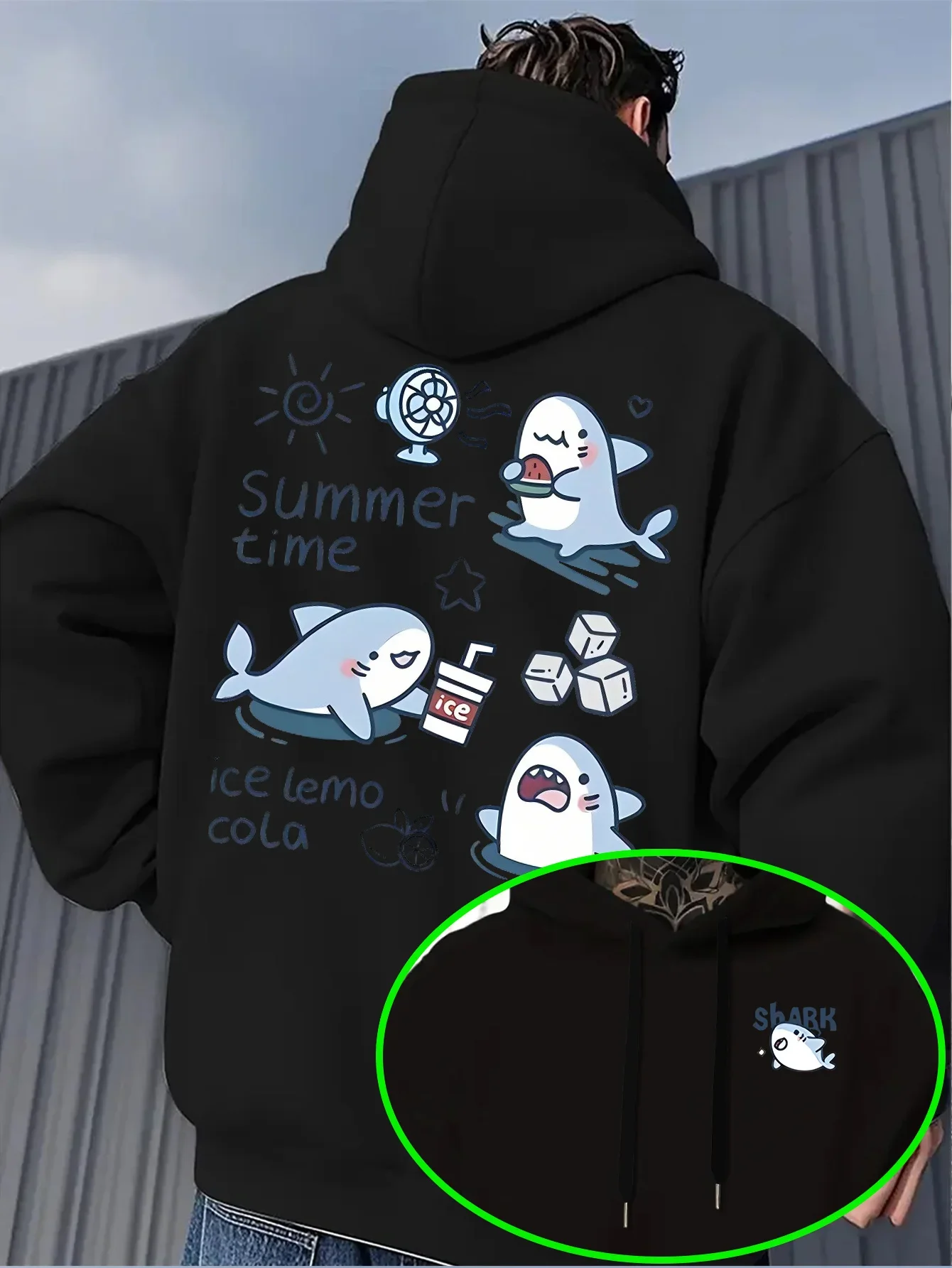Men's Kawaii Shark Hoodie Cute Cartoon Ice Lemon Cola Graphic Fleece Sweatshirt Casual Streetwear Autumn Winter