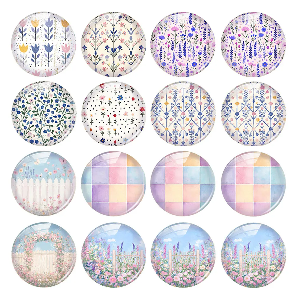 Random Mixed Round/Oval/Square Little Floral Patterns Plants Photo Glass Cabochon Flatback Demo Cameo For Diy Jewelry Making