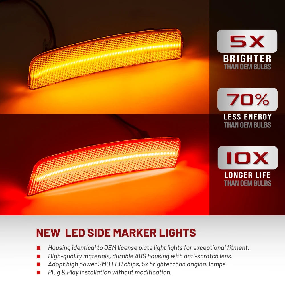 4PCs For Ford Mustang Mach-E 2021 2022 2023 2024+ Bumper LED F&R Fender Side Marker Lights Parking Turn Signal Reflector Lamps