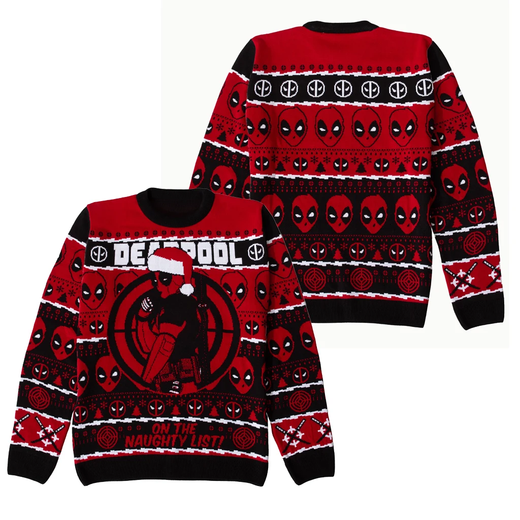 

Marvel Superhero Deadpool Christmas Ugly Sweater Winter Red and Black Round Neck Hoodie Sweater Christmas Gift Christmas Hat