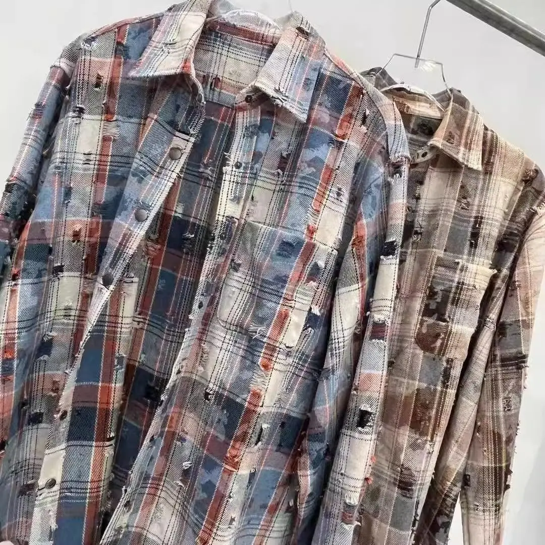 

Retro American Spring Autumn Men's And Women's Loose Shirt Jacket Worn out Hole Color Block Long Sleeve Standard Fit Polyester