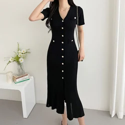 Korean Long Black Knit Dress Elegant Women Single Breasted Fishtail Black Dress Spring Summer Retro V-Neck Short Sleeve Dress