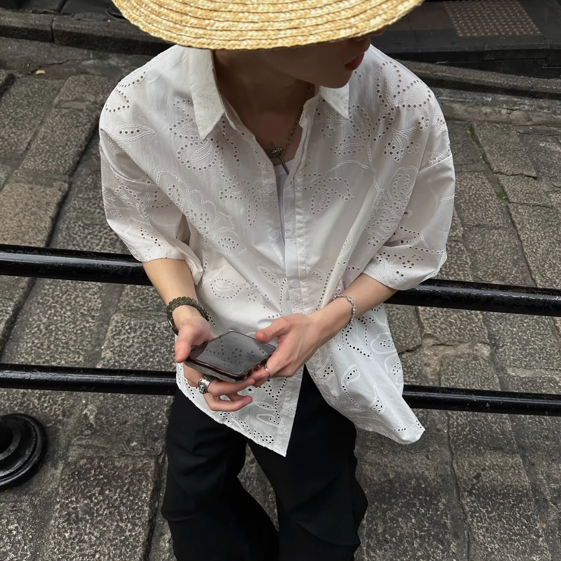 Summer New Breathable Beach Resort Wind Embroidery Simple Short-sleeved Shirt Men's Casual Trend
