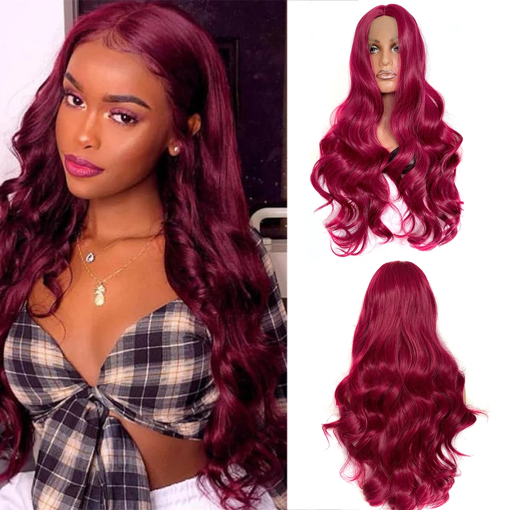 Long Lace Wigs for Women 99J Hair Synthetic Lace Front Wig Natural Wave Wigs Middle Part Cosplay Wig High Temperature Fiber Wigs