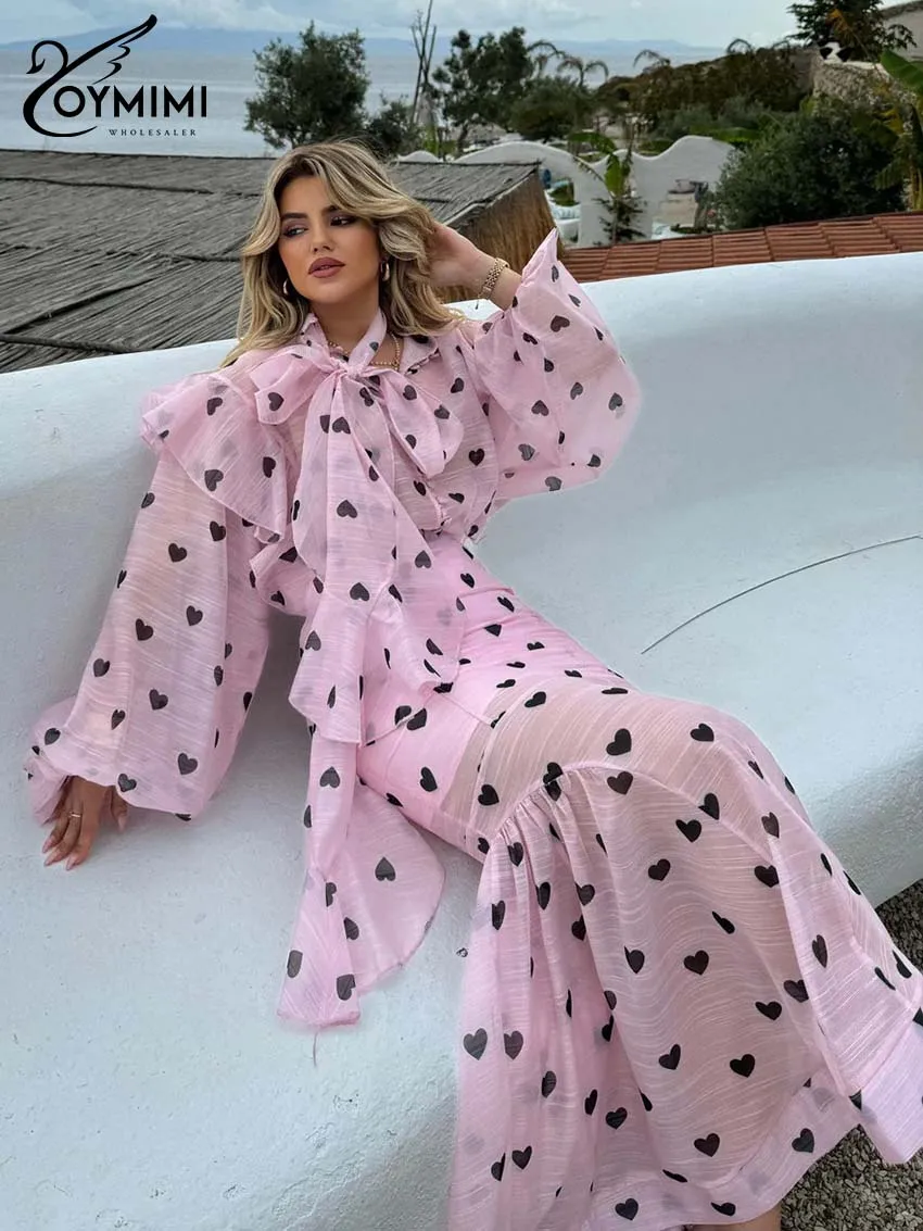 Oymimi Casual Pink Print 2 Pieces Set For Woman Fashion Lace-Up Puff Sleeve Button Shirts And High Waist Ruffled Skirts Sets