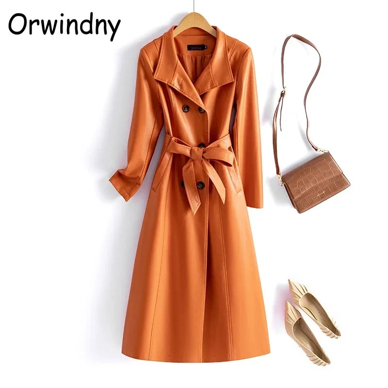 New Spring Leather Trench Women Long Jackets Belt Fashion Long Coat High Quality M-7XL Faux Leather Clothing Outwear Suede