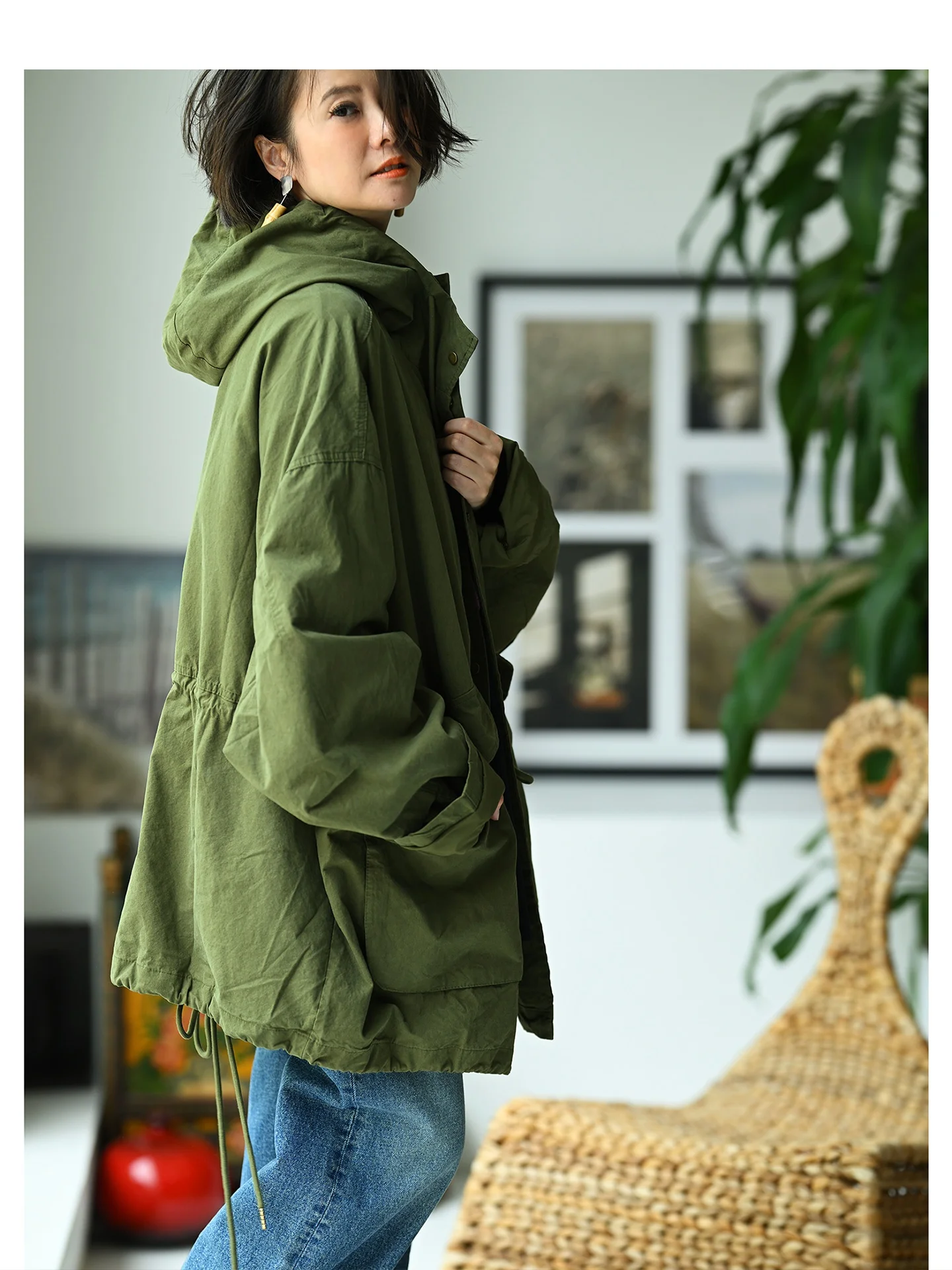 

Повседневное универсальное женское пальто средней длины из чистого хлопка с капюшоном и завязками большого размера, осенний сезон, корейский Sle