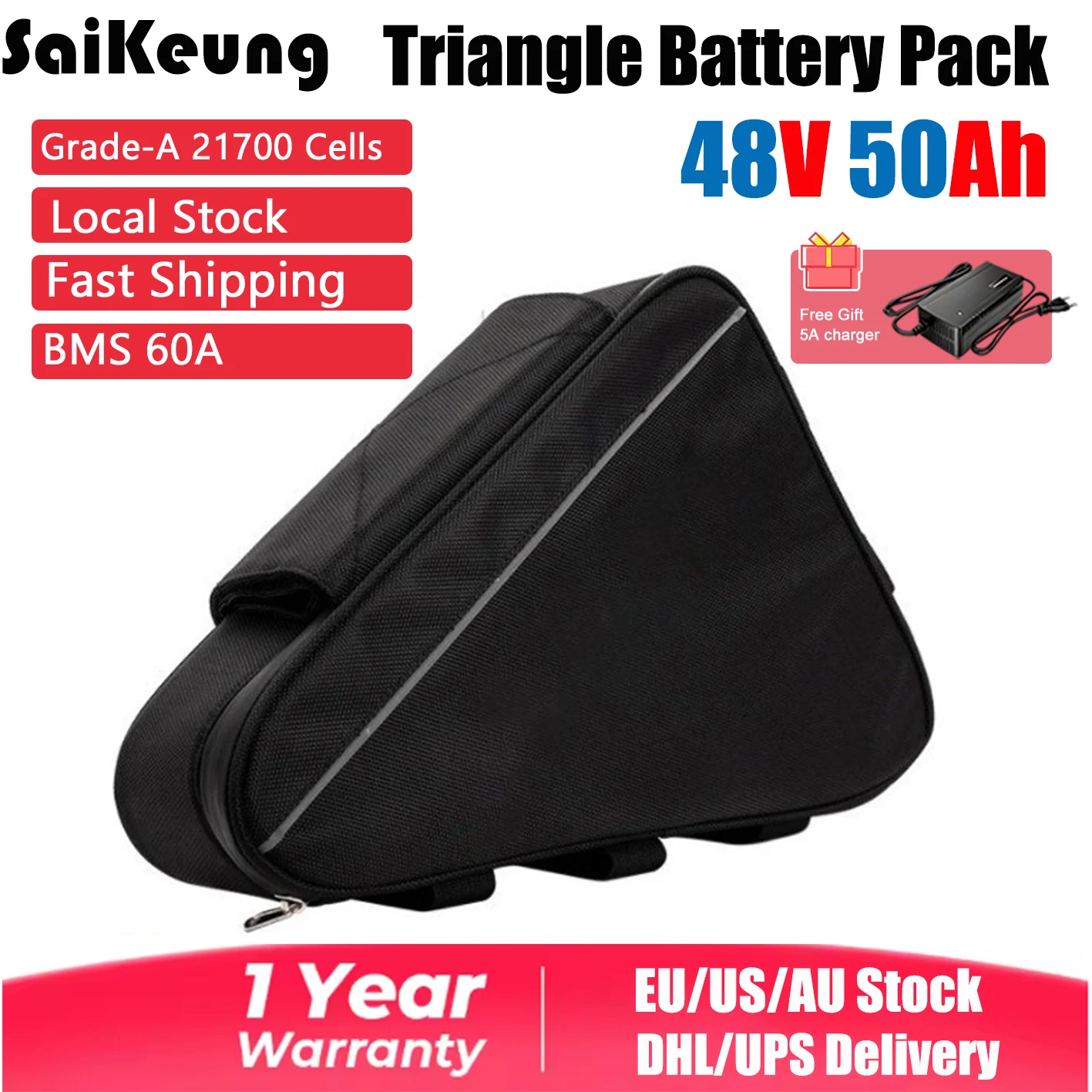 Batterie de vélo électrique triangulaire Cham 48V 45AH 50AH, cellules 21700, 52V 60V 40AH 30AH, BMS 60A pour Bafang 1000W 2000W