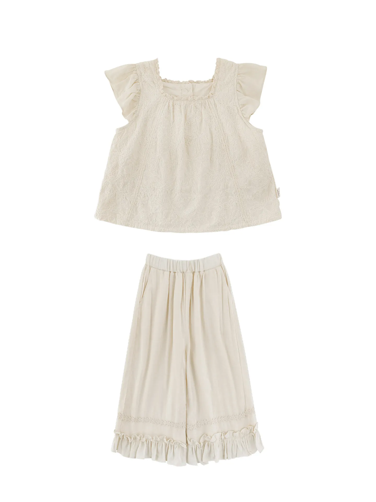 2026 New Girls Summer Cotton Outfit Cute Ruffle Sleeve Doll Blouse Loose Lace Trim Wide Leg Cropped Pants Two Piece Set