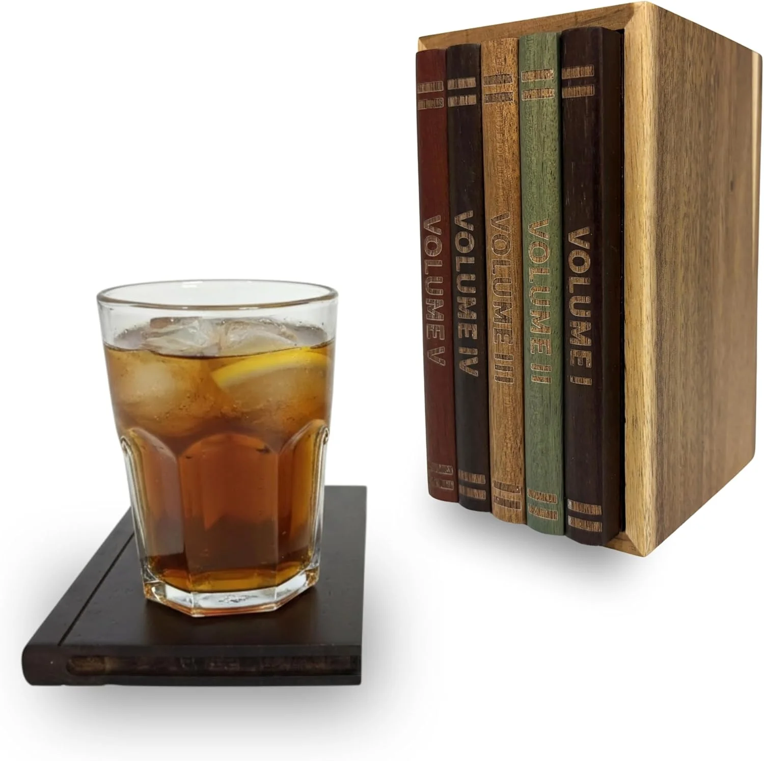 Wooden Book Coaster Set of 5 Book-Style Decorative Drink Coasters with Wooden Stand, Coffee Tea Display Decor Book Lovers Gift