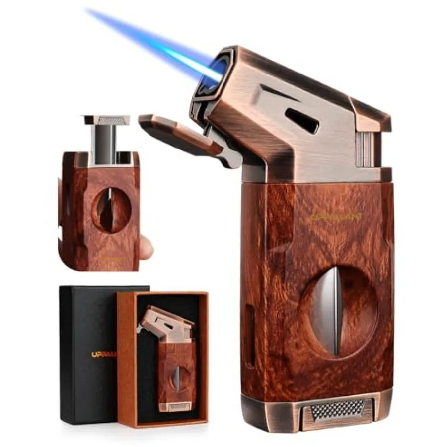 

Torch Lighter with Jet Flame, Built-in V Cutter, Refillable Butane Torch Lighters, Box for Men, All-in-one Windproof Cool Light