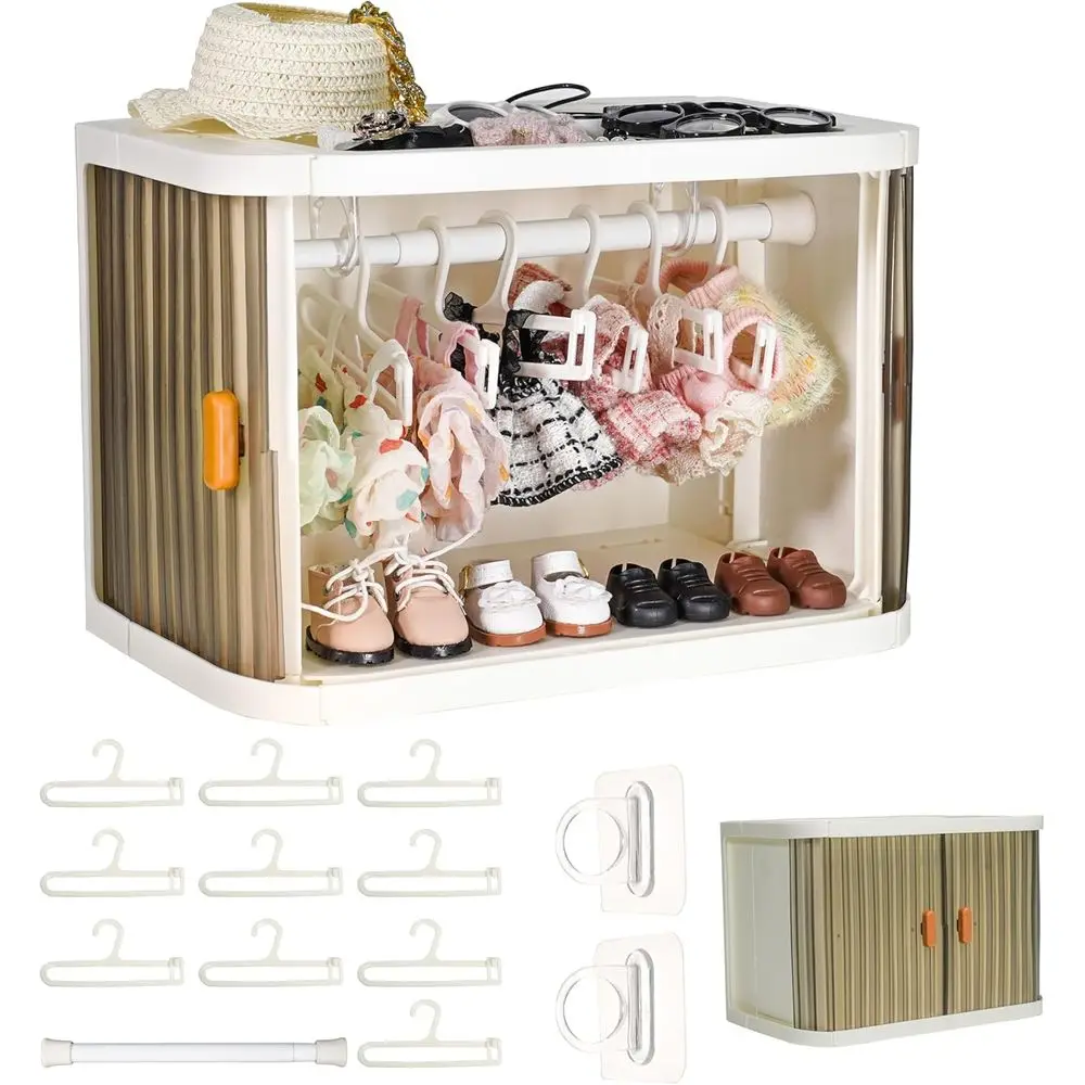 Compact Doll Wardrobe with 10 Racks & Rod for 15-17cm Outfits, Cover & Display Shelf