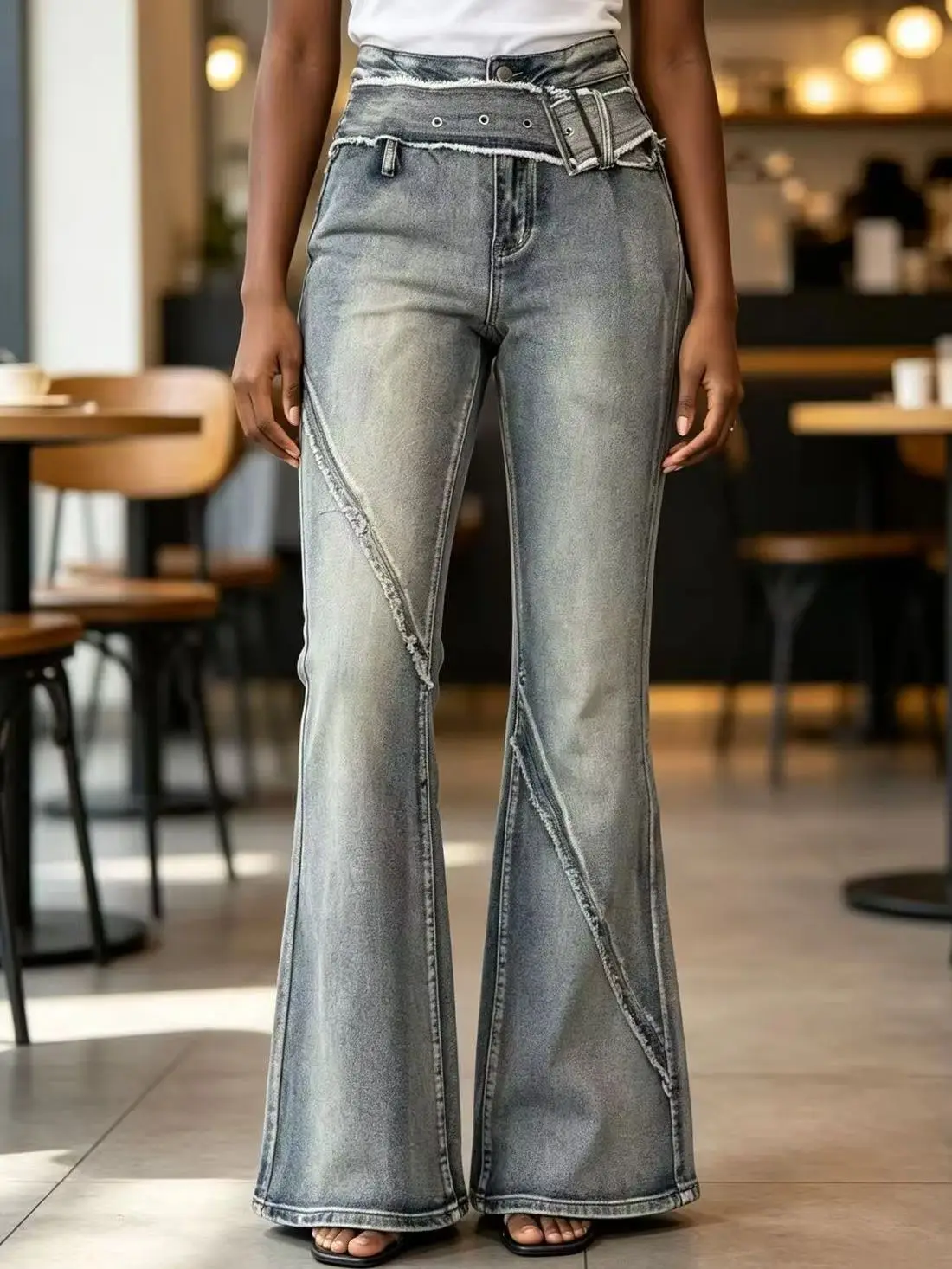 Spring Autumn Y2K Distressed Grey Flare Jeans Women High Waist Raw Edge Diagonal Seam Deconstructed Waist Stretch Slim Tall Hot Girl Denim Pants