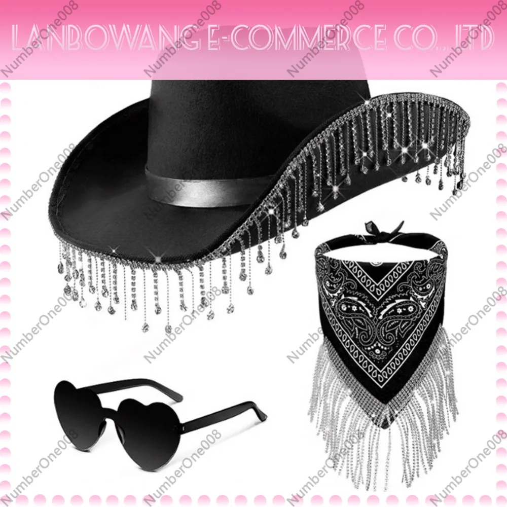 3pcs/Set Bandana Stage Performance Hat Heart Sunglasses Rhinestone Tassel Western Cowboy Hat 3pcs/Set Solid Color