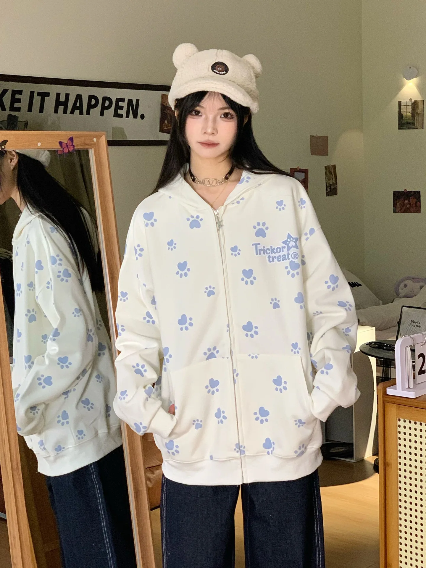 Autumn Cute Hoodies Y2k Aesthetic Women Cartoon Paw Casual Print Zipper Loose Harajuku Loose Hooded Sweatshirt Young Girls Tops