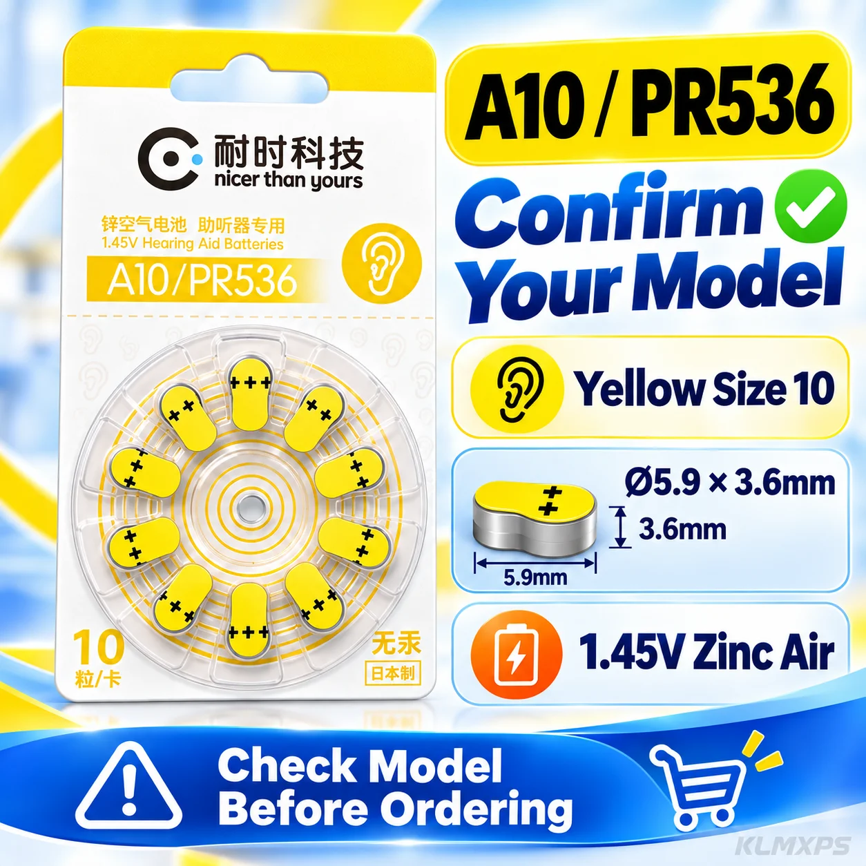 A10 PR536 Zinc Air Hearing Aid Batteries 1.45V 80mAh Size 10 Replacement Battery for Hearing Aids
