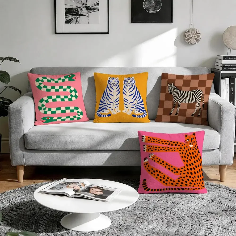 Eclectic Pink Orange Folk Art Cushion Cover Natural Breathable Durable Linen Printed Decor Pillow Case Sofa Bedroom