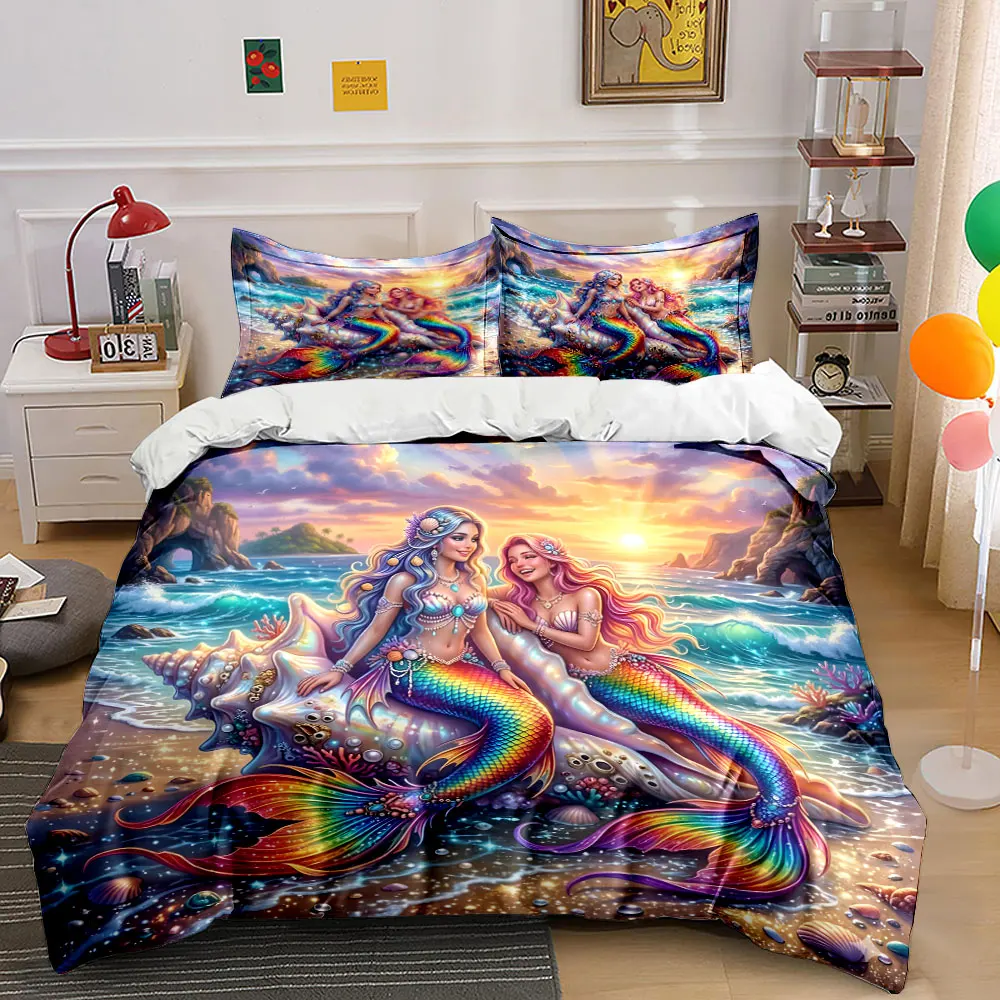 Dreamy mermaids playing on a sunset beach Print Bedding set 3PC 1 duvet cover 2 pillowcases adult and children bedding set