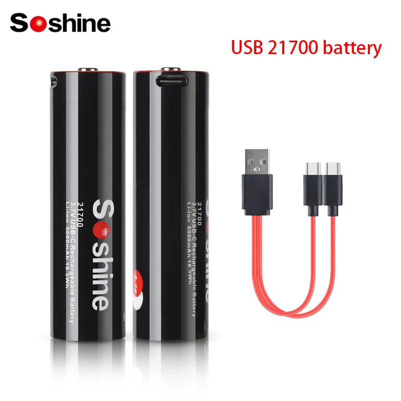 Soshine USB 21700 بطارية ليثيوم 3.7 فولت 21700 5000 مللي أمبير بطارية قابلة للشحن سعة كبيرة بطارية ليثيوم أيون مع شحن USB من النوع C