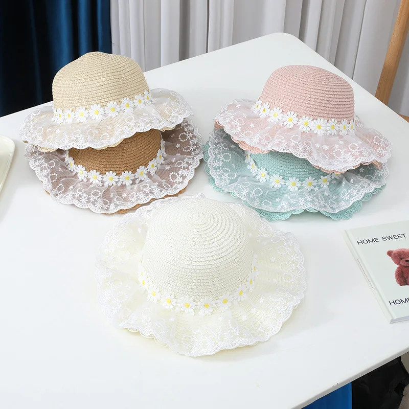 Kids Lace Flower Straw Hat Bag 2 Pcs Set Girls Summer Outdoor Beach Cap Travel Beach Sun Hat Bag Set Panama Hat