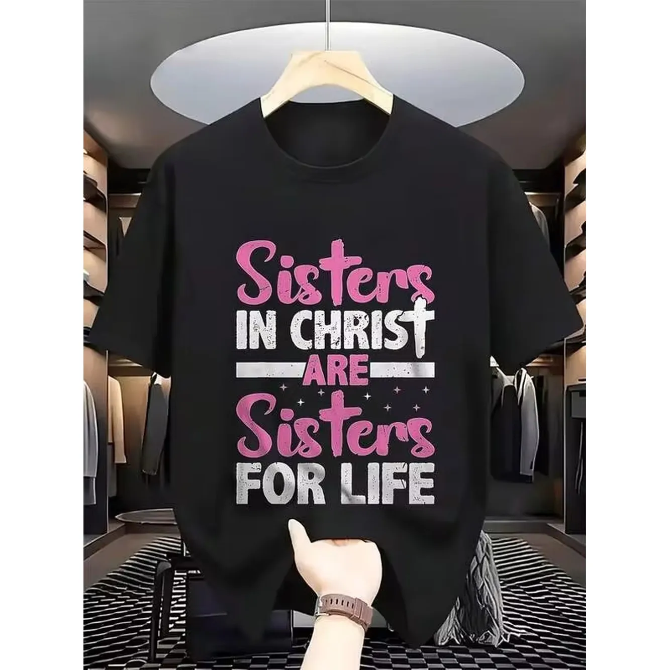 Christian Men Women T-Shirt Sisters In Christ Are Lifelong Sisters Religious Graphic Design In Black With Pink Text Fabric Church Bible Study