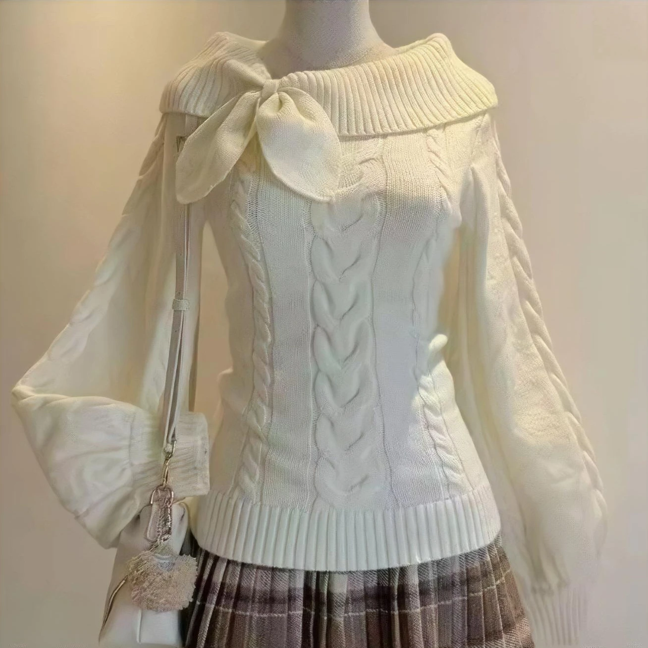 Women Off‑Shoulder Cable Knit Sweater With Bow Decor Long Puff Sleeve Sweet Slim Fit White Knitted Pullover Jumper Tops