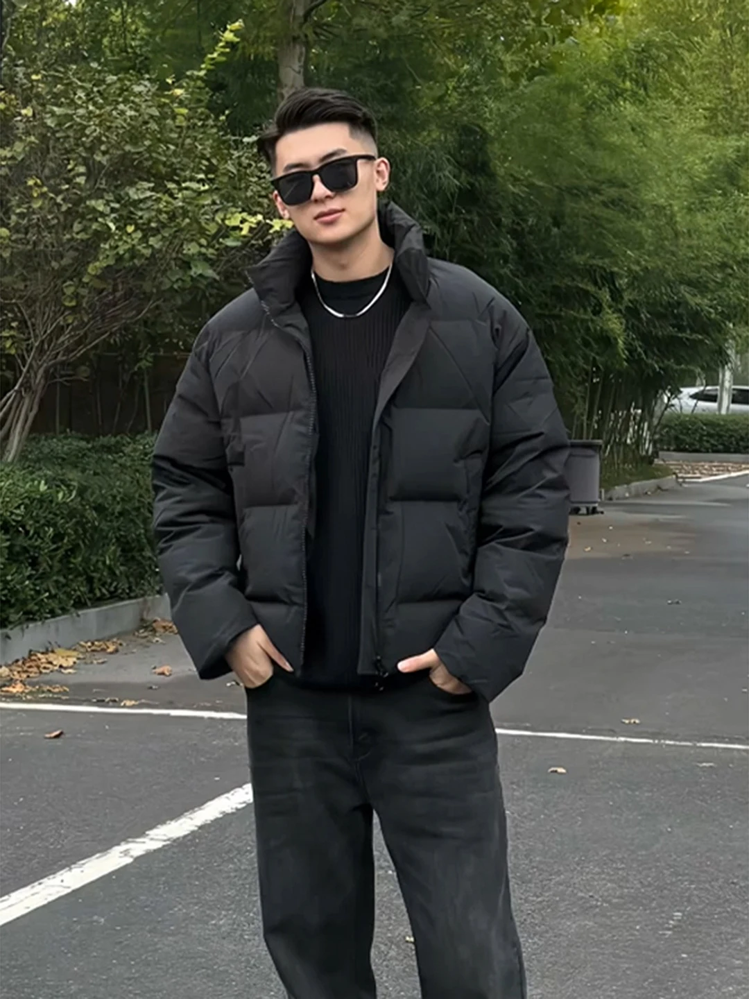 Black American Short Collar Cotton Jacket Men's Winter Thickened Warmth Bread Style Coat Youth Casual Loose Fit Zipper
