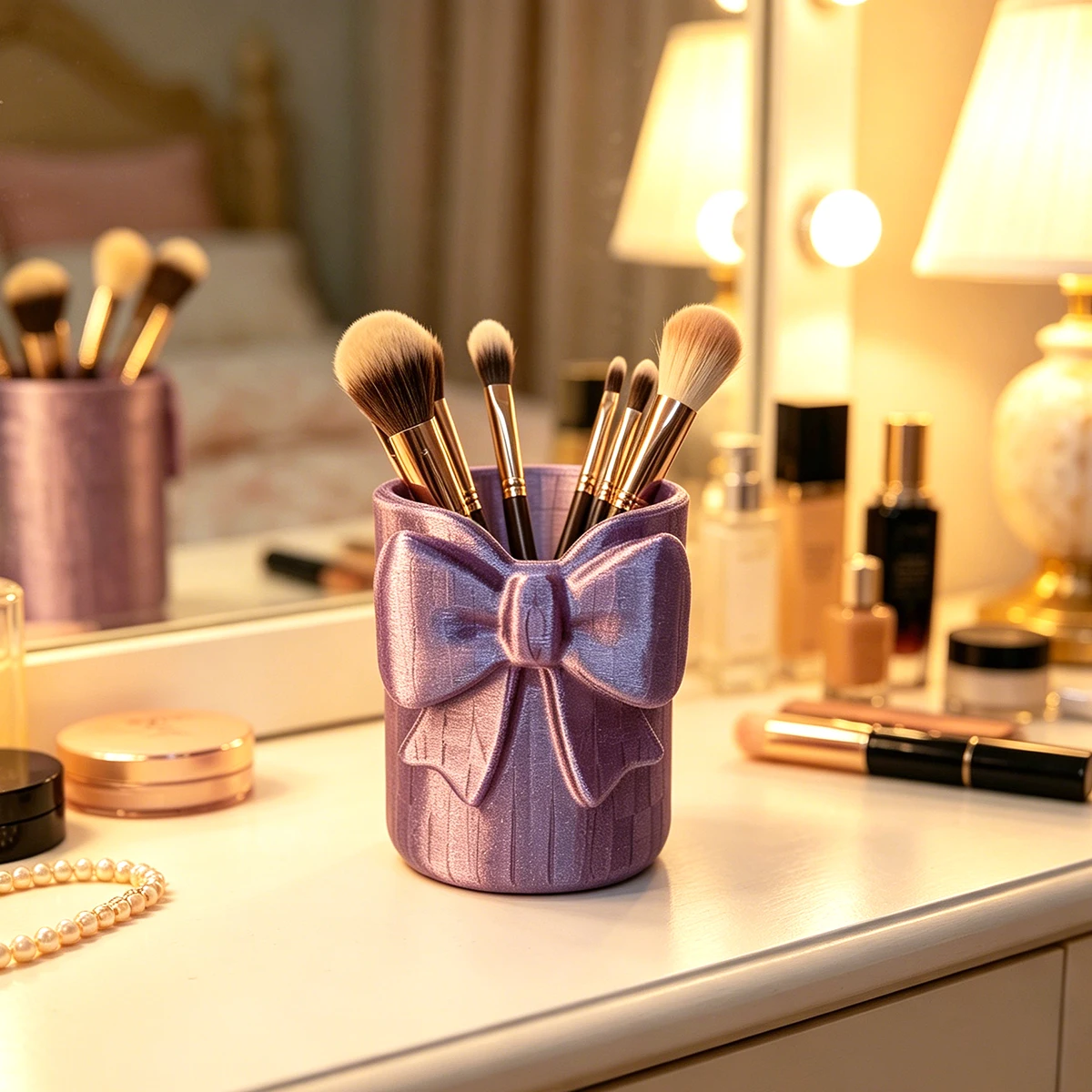 Purple Velvet Texture Bow-Shaped Makeup Brush Storage Tube, Girly Desktop Multi-Functional Storage Container, Bedroom Vanity Table Storage Box for Eyebrow Pencils, Lipsticks, Makeup Brushes, Bathroom Vanity Storage Jar for Cotton Swabs, Makeup Cotton Pads, Office Desk Storage Container for Paper Clips, Pins, Stationery, and Small Accessories, Perfect as a Birthday Gift for Girls and Best Friends, Stylish and Aesthetically Pleasing Desktop Storage Solution, Can Hold Makeup Brushes, Eyebrow Pencils, Lipsticks, Hair Ties, Cotton Swabs, Stationery, and Small Accessories