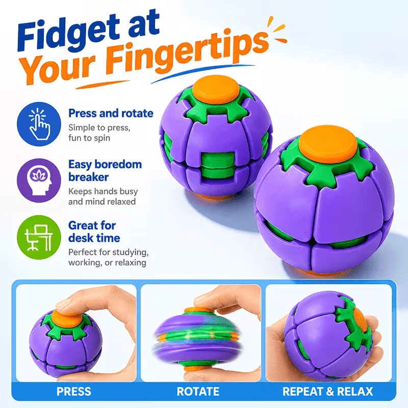 3D Printed Press-to-Spin Fidget BallOne Click Deform Fidget Spinner Ball, Smooth Rotating Stress Relief Sensory Toy 2027 New