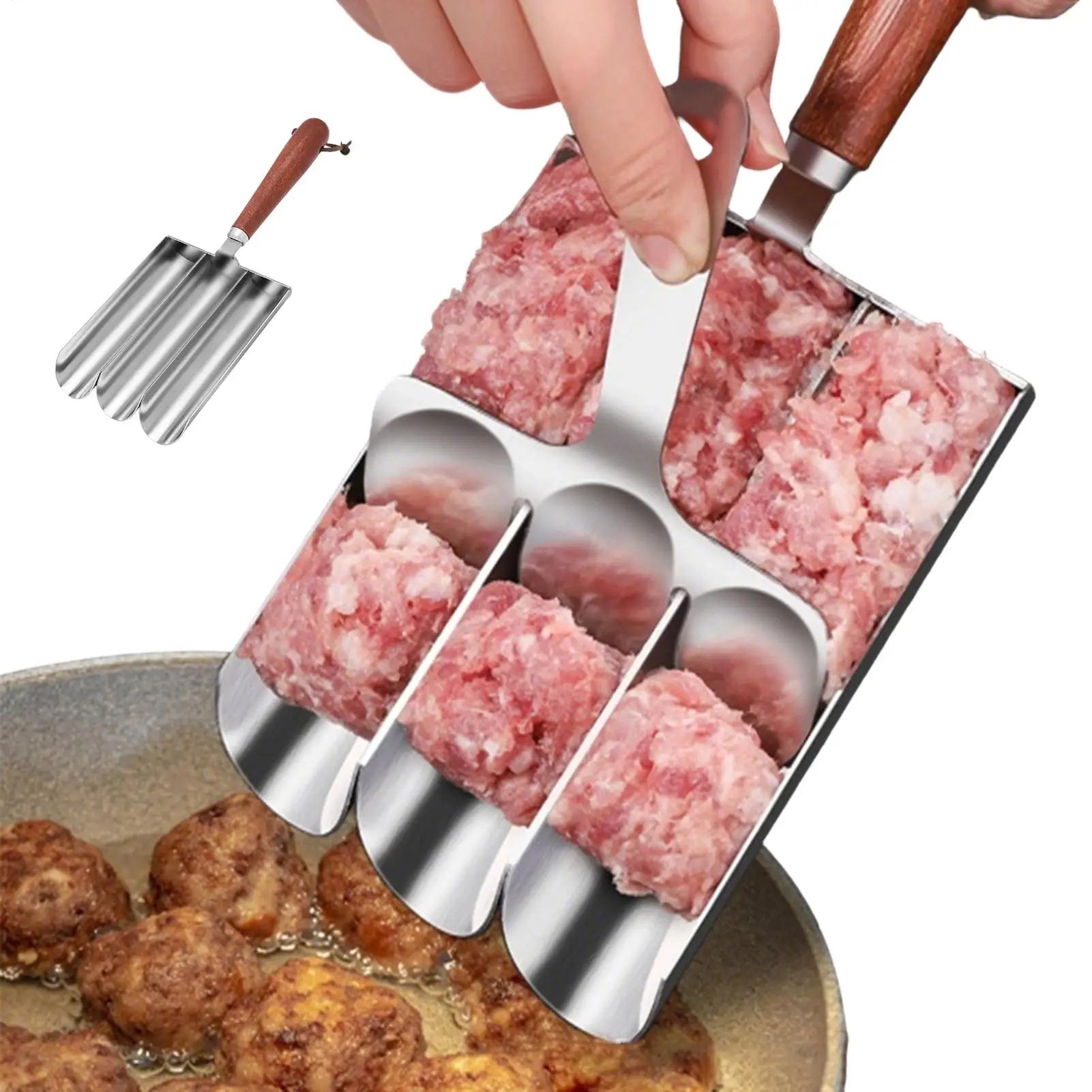 Meatball Maker Manual Stainless Steel Non Stick Cooking Tool Wood Handle Triple Meatball Maker Tool For Home Cooking Beef