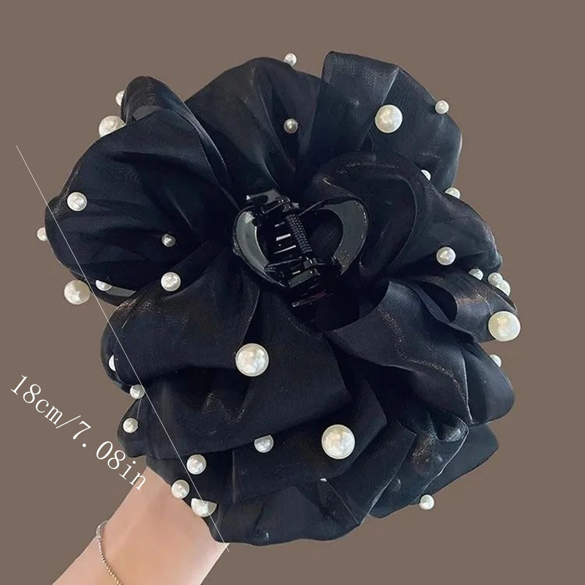 Elegante Schwarze Satin- & Perlen-Haarspange, Große Blumen-Haarklammer, Langlebiges Haaraccessoire für Frauen, Ideal für Braut, Party & Alltag – Detail 1