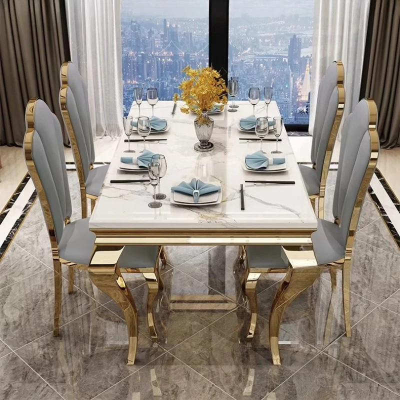 Mesa de Comedor Rectangular de Diseño, Muebles para el Hogar, Mesa de Comedor de Mármol de Lujo, Mesa de Comedor Italiana Blanca Individual Única con Detalles en Dorado