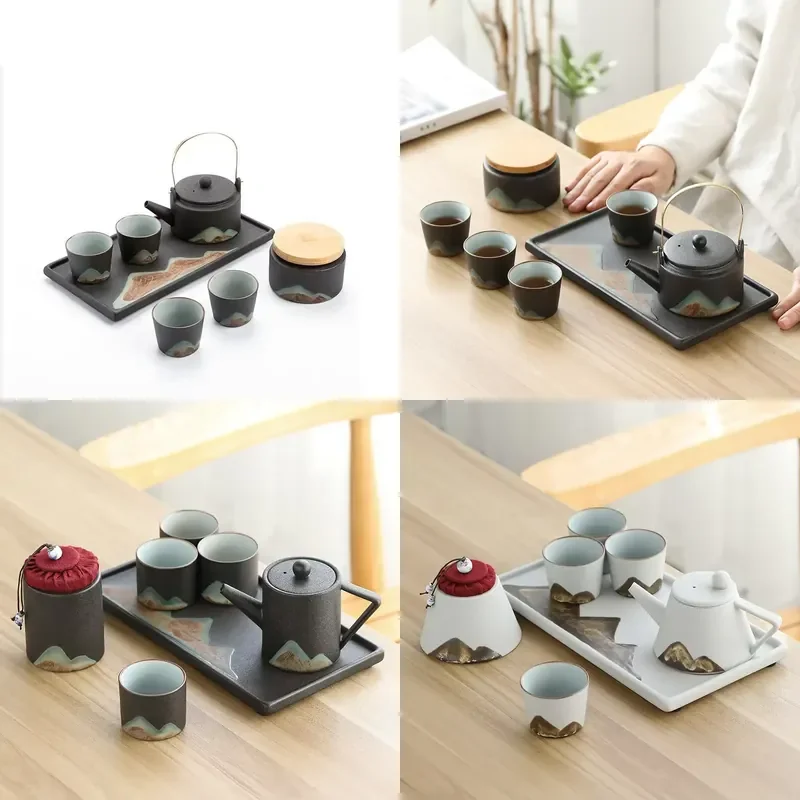 

【CHIMU HOME】 Black Porcelain Kung Fu Set for Office Use Teapot Teacup with Dry Pour Tray Loop-handled Full Set Gifts