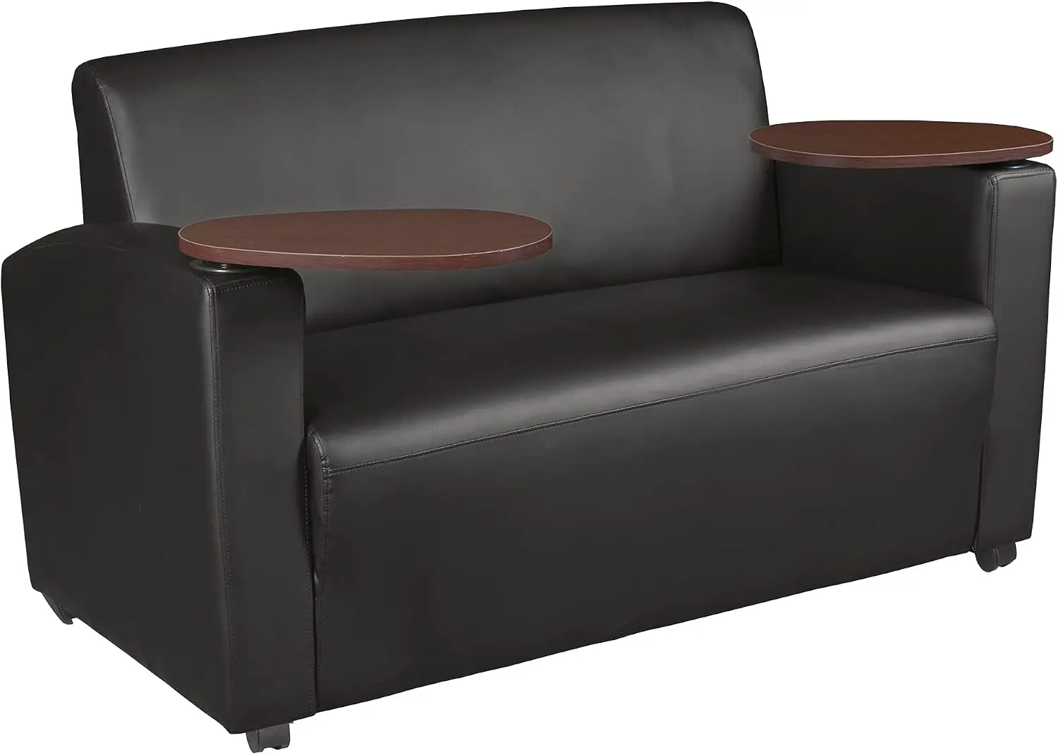 Loveseat with 360-Degree Swiveling Tablet Arm, Java Finish, Black Vinyl Upholstery, Office and Home Lounge Seating