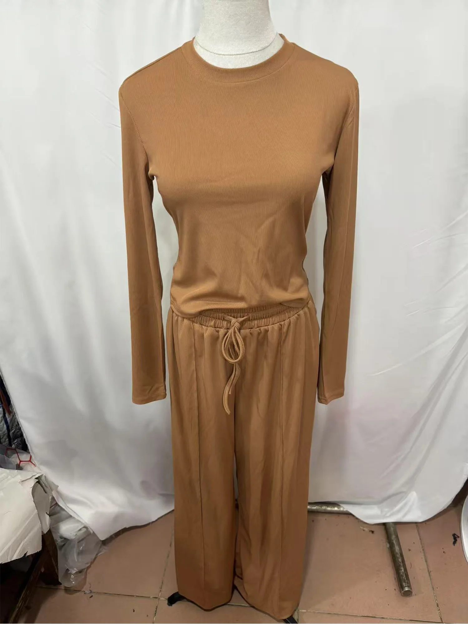 Ropa informal de 2 piezas para mujer, jersey de manga larga con cuello simulado, camiseta recortada y pantalones de pierna ancha, ropa de descanso para tiempo libre diario