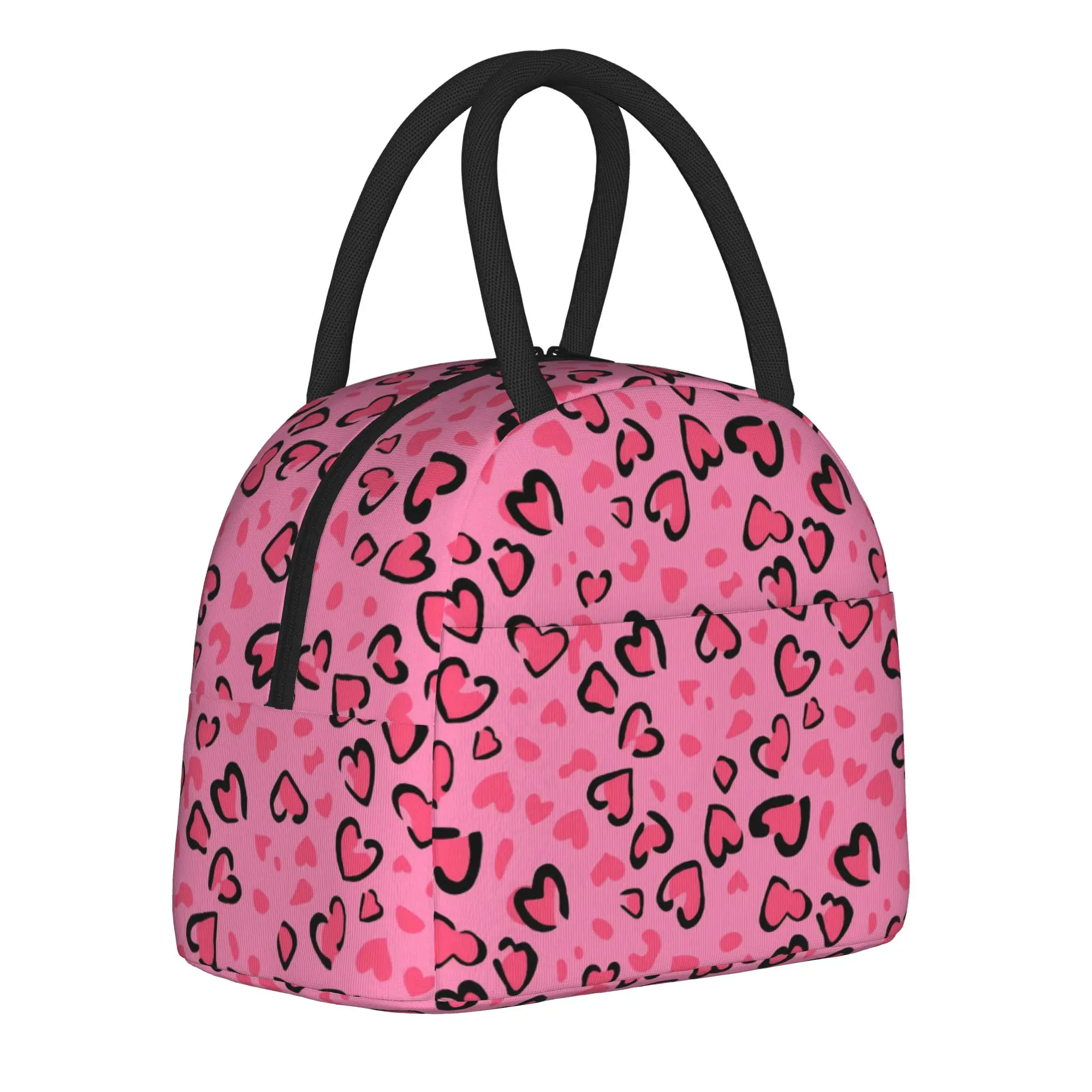 Leopard print Heart Insulated Lunch Bag for Men Women Valentines Day Food Portable Thermal Cooler Lunch Box For School Office